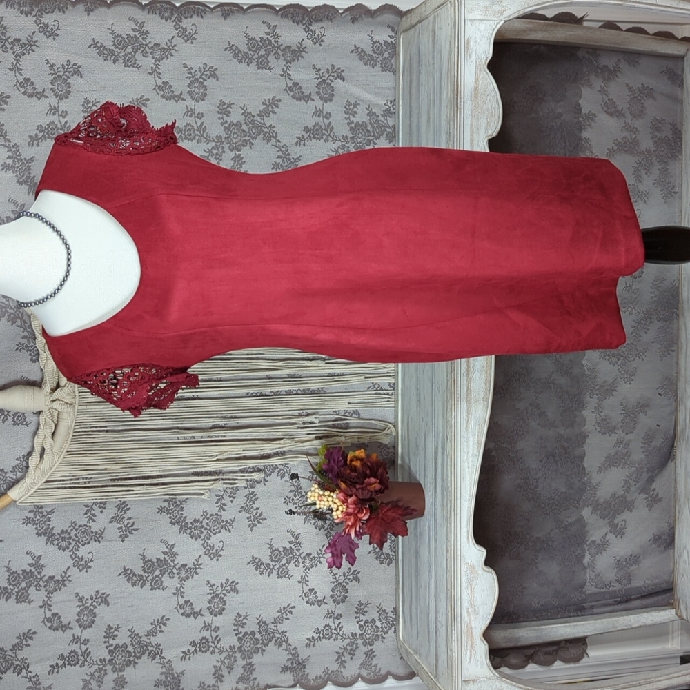 Nanette Lepore red maroon faux suede lace sleeve dress